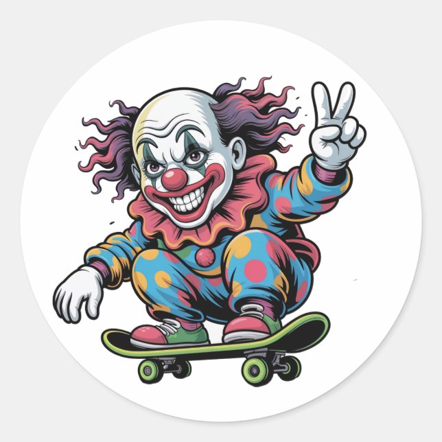 PEGATINA REDONDA CLOWN ON SKATEBOARD (Anverso)