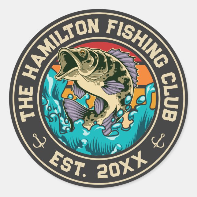 Pegatina Redonda Club de Pesca Largemouth Bass Retro Sunset (Anverso)