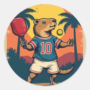 Pegatina Redonda Club de Pickleball Capybara Logo Retro Deportes An