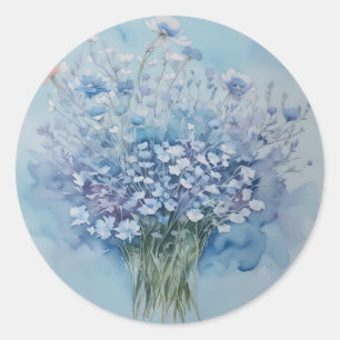 Pegatina Redonda Clúster anémico de color de agua suave sobre azul 