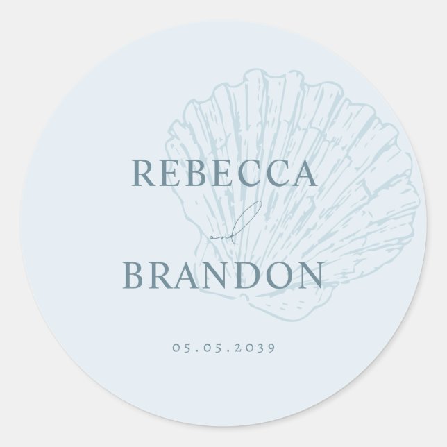 Pegatina Redonda Coastal Blue Hand Drawn Seashell Wedding Favor (Anverso)
