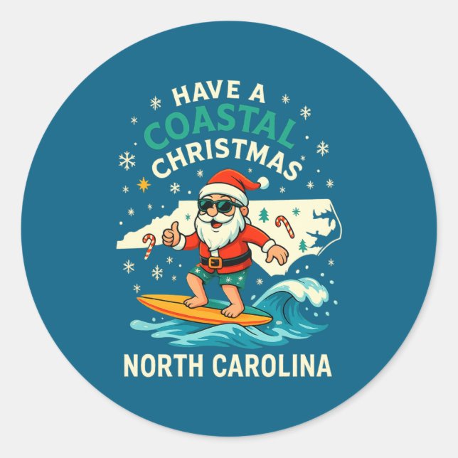 Pegatina Redonda Coastal Christmas Nc Shirt Santa Surfing Funny Wav (Anverso)