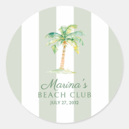 Pegatina Redonda Coastal Green Cabana Stripes Palm Beach Club