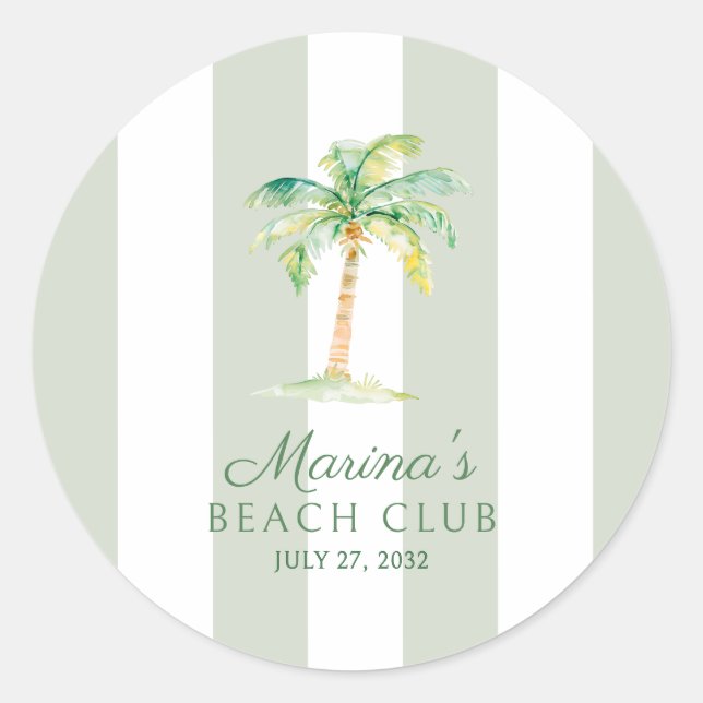 Pegatina Redonda Coastal Green Cabana Stripes Palm Beach Club (Anverso)