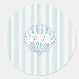 Pegatina Redonda Coastal Seashell Bride Groom Initial Blue