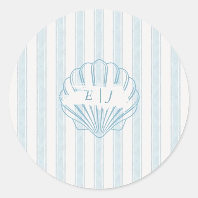 Pegatina Redonda Coastal Seashell Bride Groom Initial Blue (Anverso)