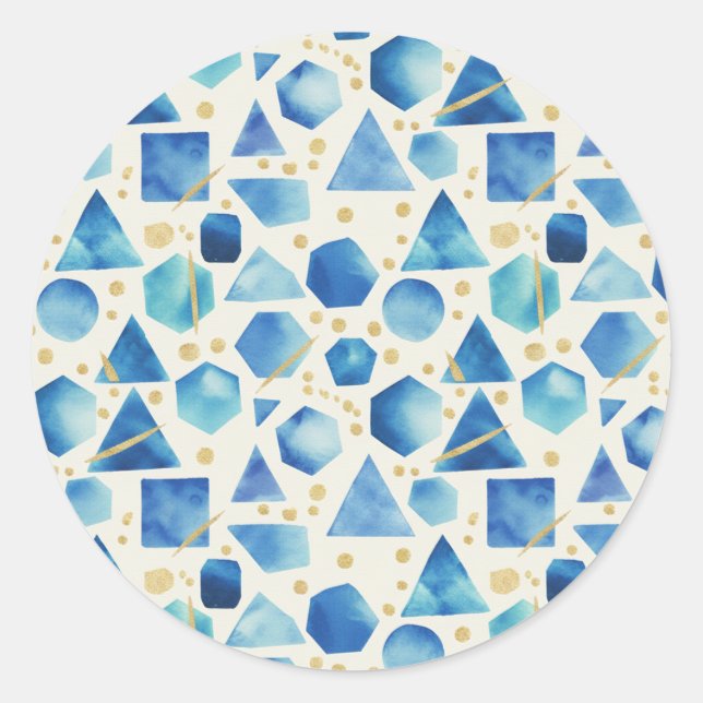 Pegatina Redonda Cobalt & Azure Watercolor Geometric Shapes & Gold (Anverso)