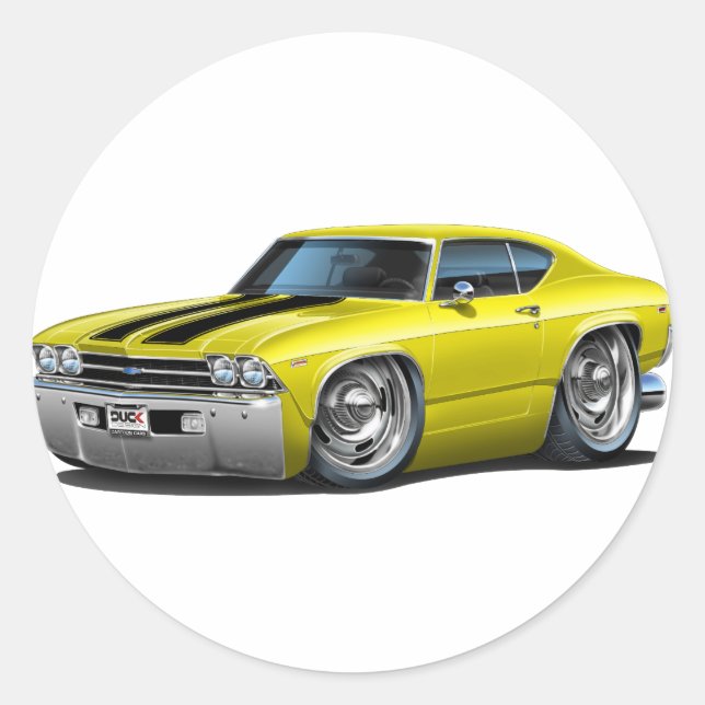 Pegatina Redonda Coche Chevelle amarillo-negro de 1969 (Anverso)