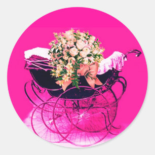 PEGATINA REDONDA COCHE DE BEBÉ VINTAGE CON FLORES PARA BABY SHOWER