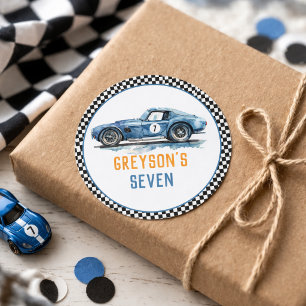 Pegatina Redonda Coche de Carreras Azul Genial para Niños Cumpleaño