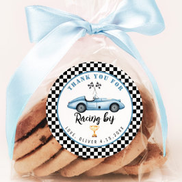Pegatina Redonda coche de carreras azul Niño Cumpleaños Gracias por