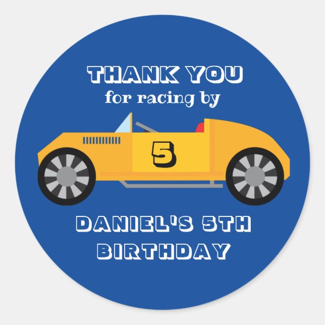 Pegatina Redonda Coche de Carreras de época para niños fiesta de cu (Anverso)