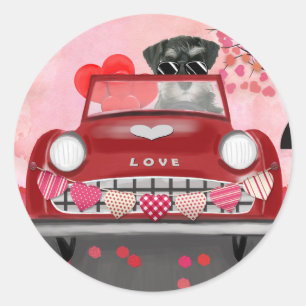 Pegatina Redonda Coche de perro Schnauzer con corazones de San Vale