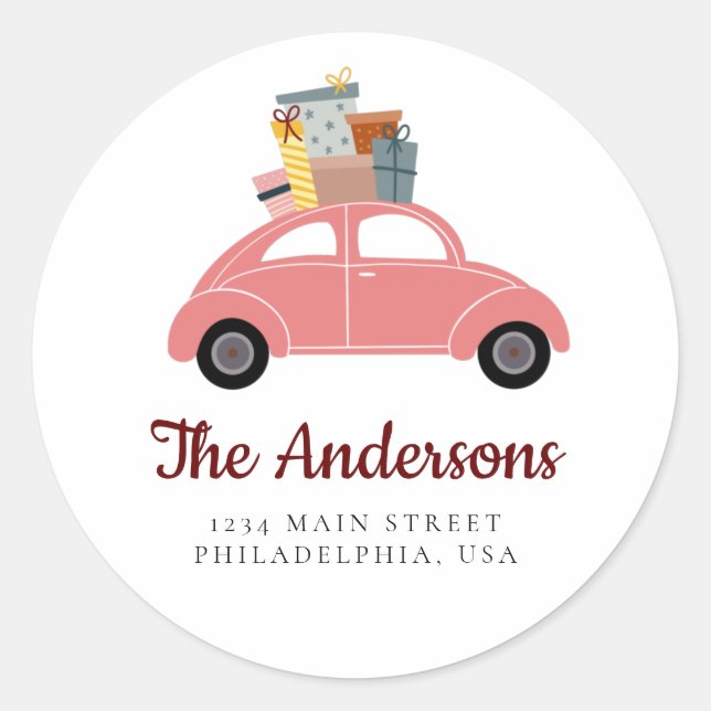 Pegatina Redonda Coche de vacaciones rosa con dirección de pila de  (Anverso)