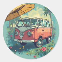 Pegatina Redonda Coche de viaje de pareja