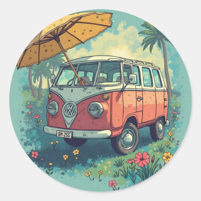 Pegatina Redonda Coche de viaje de pareja (Anverso)