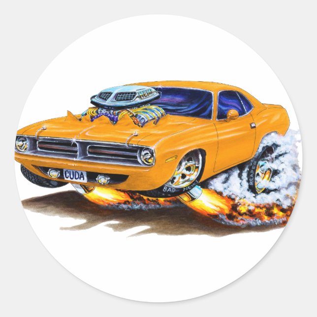 Pegatina Redonda Coche Naranja Cuda 1970 (Anverso)