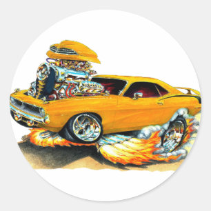 Pegatina Redonda Coche Naranja Plymouth Cuda 1970
