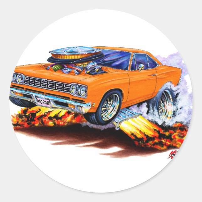 Pegatina Redonda Coche Naranja Roadrunner 1968-69 (Anverso)