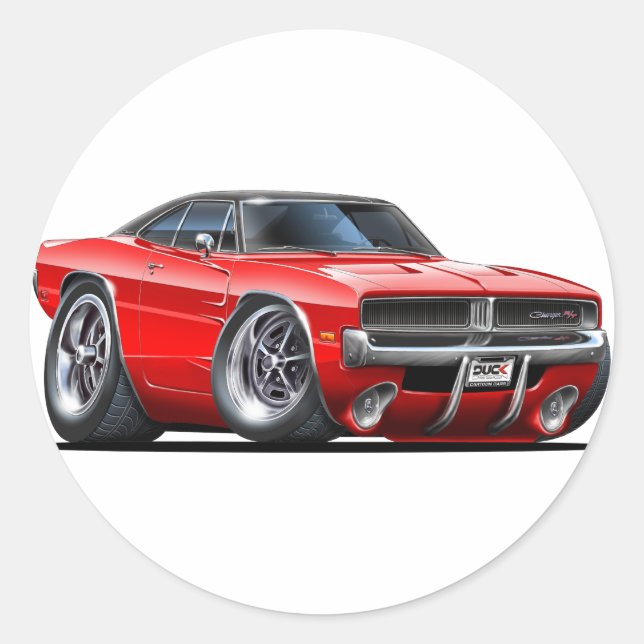 Pegatina Redonda Coche rojo Dodge Charger (Anverso)