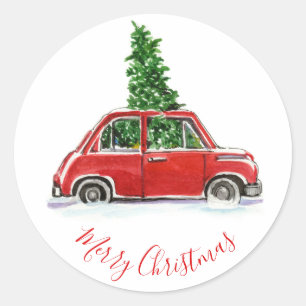 Pegatina Redonda Coche vintage rojo con árbol de Navidad