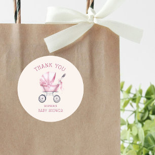 Pegatina Redonda Cochecito de Bebé Vintage Rosa para Baby Shower