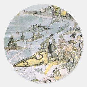 Pegatina Redonda Coches futuristas de ciencia ficción vintage, taxi