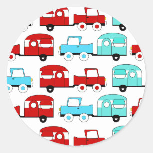 Pegatina Redonda Coches rojos retros del vintage de la turquesa del