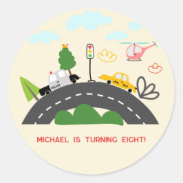 Pegatina Redonda Coches y vehículos en el cumpleaños del chico de l