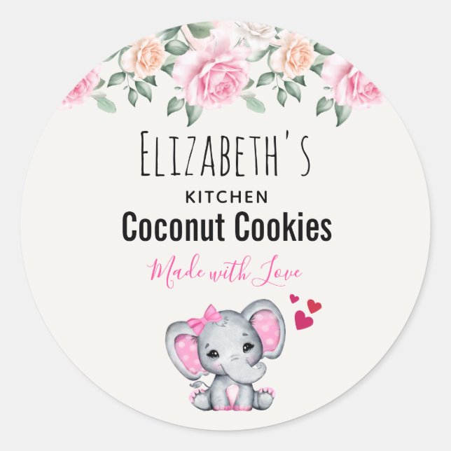 Pegatina Redonda Cocina acuática para bebé, elefante rosa y Rosas (Anverso)