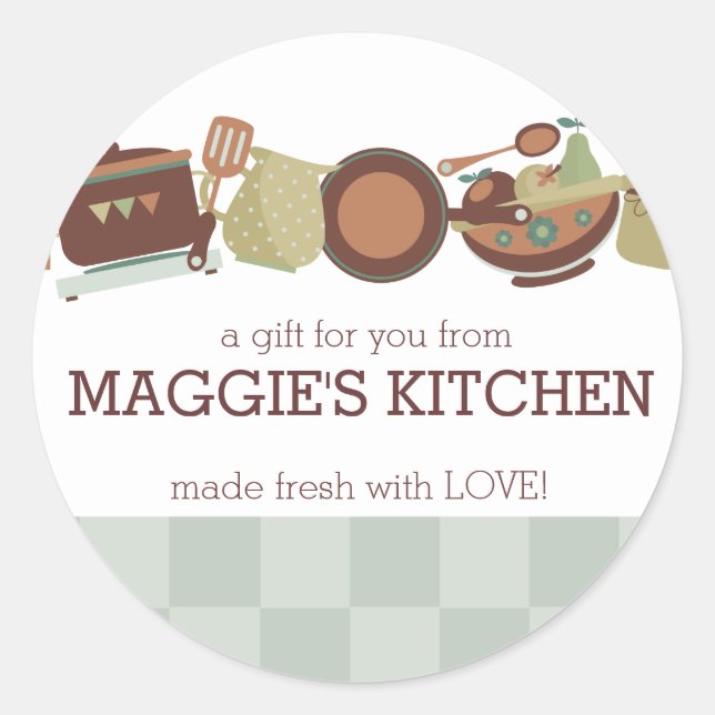 Pegatina Redonda Cocina cacerolas utensilios cocineros (Anverso)