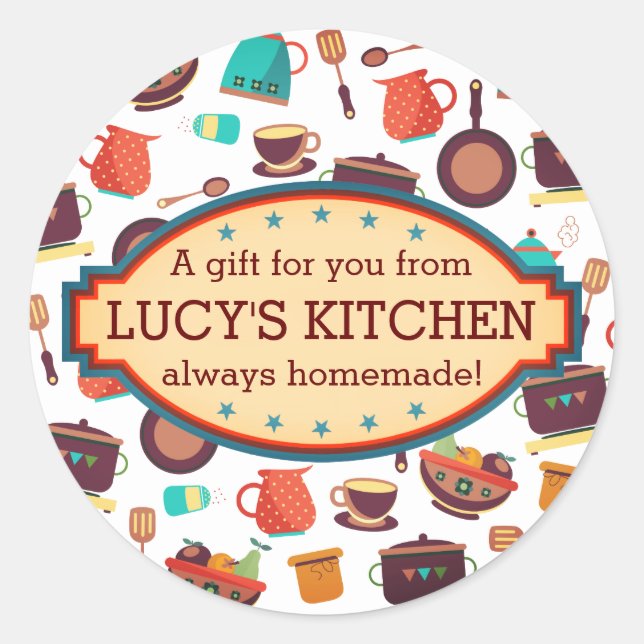 Pegatina Redonda Cocina cacerolas utensilios cocineros (Anverso)