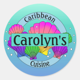 Pegatina Redonda Cocina Caribeña Conchas Marinas y Burbujas
