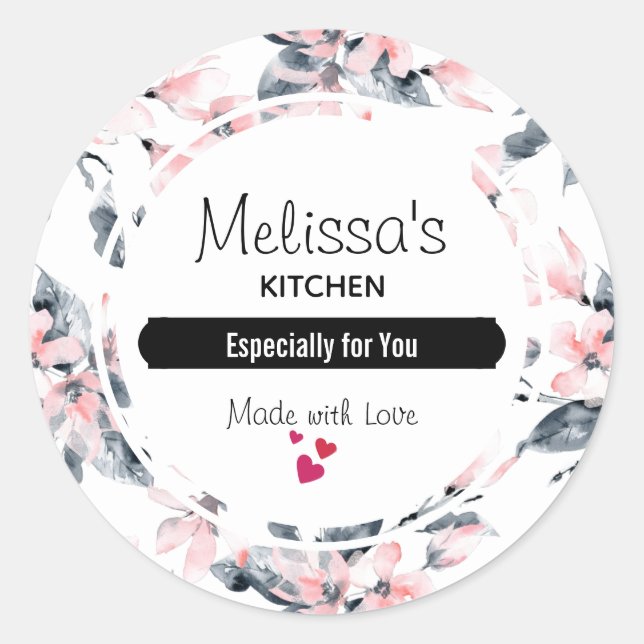 Pegatina Redonda Cocina con motivos acuáticos florales rosados y gr (Anverso)