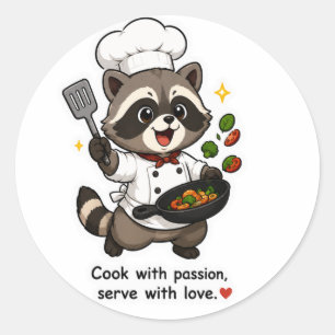 PEGATINA REDONDA COCINA CON PASIÓN SIRVE CON AMOR CHEF MAPACHE STI