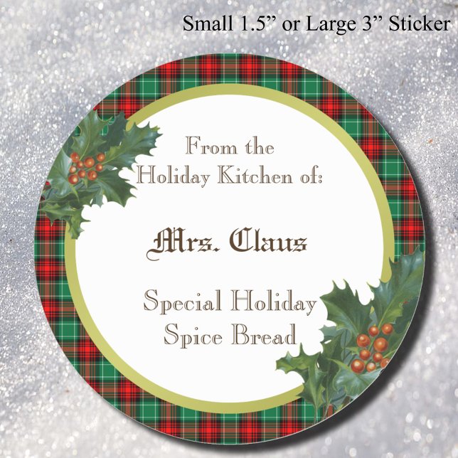 Pegatina Redonda Cocina de Holday del Personalizado Holly Plaid Can (Red Green Holiday Plaid with Holly)