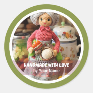 Pegatina Redonda Cocina de señora al crochet hecha a mano con amor