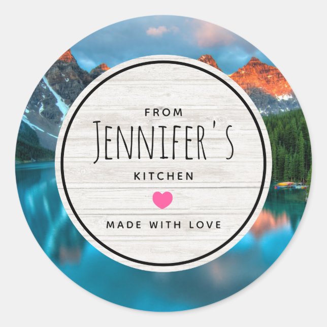 Pegatina Redonda Cocina fotográfica de montaña y lago panorámico (Anverso)