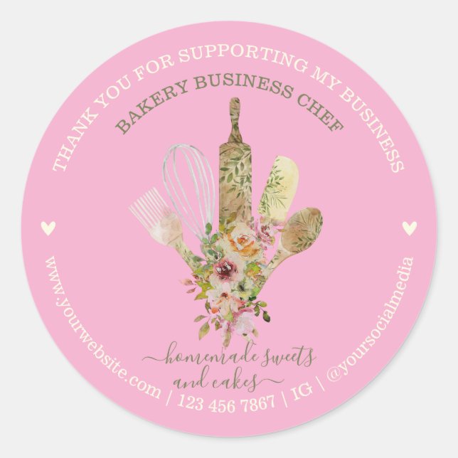 Pegatina Redonda Cocina Panadería Chef Rústico Rosa lindo (Anverso)