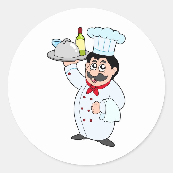 Pegatina Redonda Cocinero del dibujo animado que sostiene la comida |  