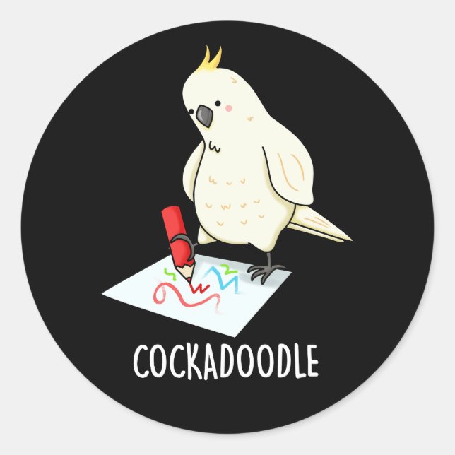 Pegatina Redonda Cockadoodle Funny Cockatoo Pun Dark BG (Anverso)