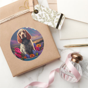 Pegatina Redonda Cocker Spaniel en una paleta: Una aventura escénic
