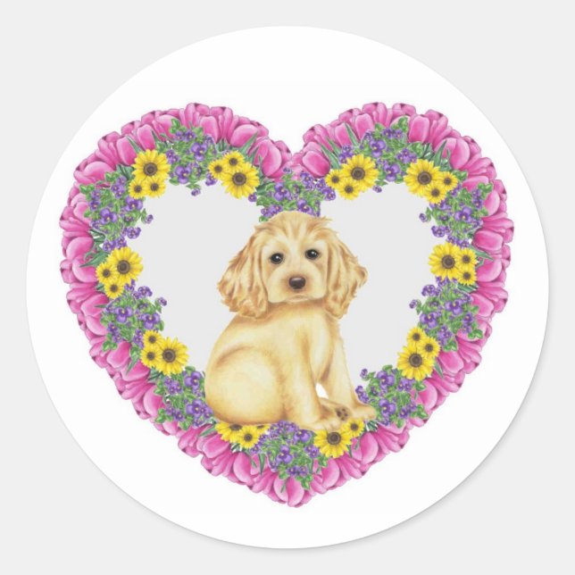 Pegatina Redonda Cocker Spaniel Floral (Anverso)