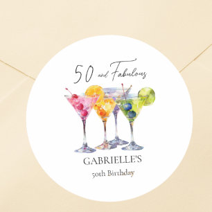 Pegatina Redonda Cocktail de acuarela Martini Feliz cumpleaños 50