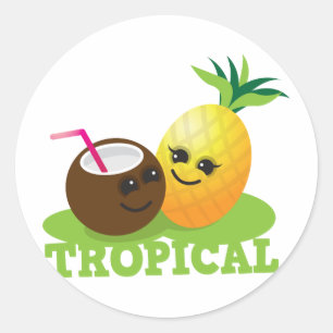 Pegatina Redonda Coco kawaii lindo TROPICAL y piña
