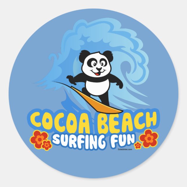 Pegatina Redonda Cocoa Beach Surfing Fun (Anverso)