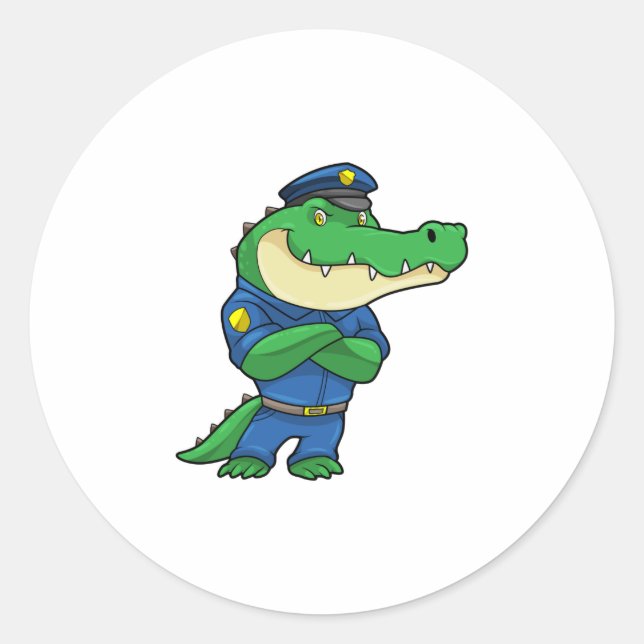 Pegatina Redonda Cocodrilo como oficial de policía con uniforme (Anverso)