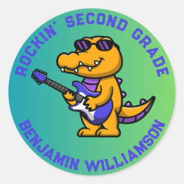 Pegatina Redonda Cocodrilo De Vuelta A La Escuela Nombre De Grado P