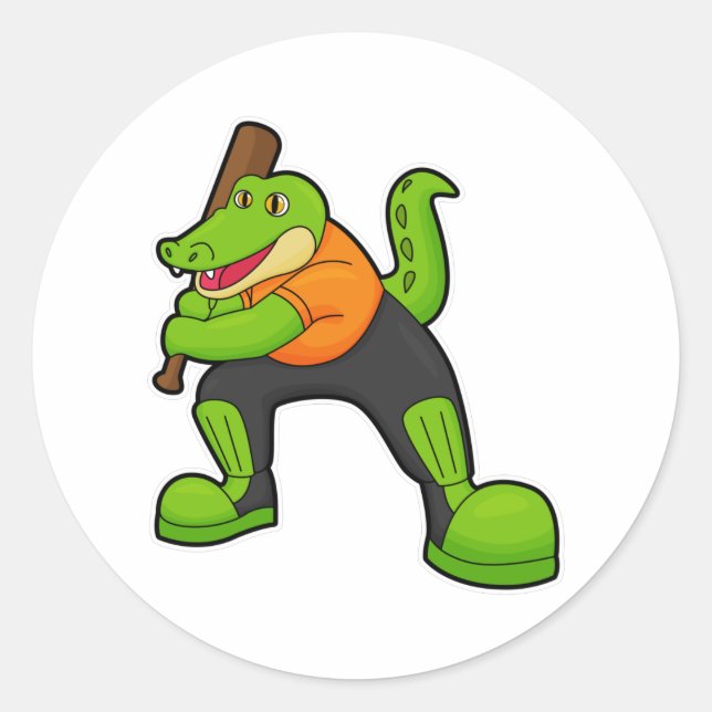 Pegatina Redonda Cocodrilo en el críquet con bate de críquet (Anverso)