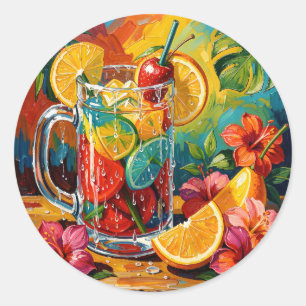Pegatina Redonda Cóctel Tropical de Verano Pintura al Óleo Impasto